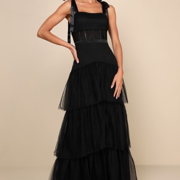Lulus Dresses & Skirts - Lulus Enticing Mystique Black Tulle Tie-strap Tiered Maxi Dress - Size XS